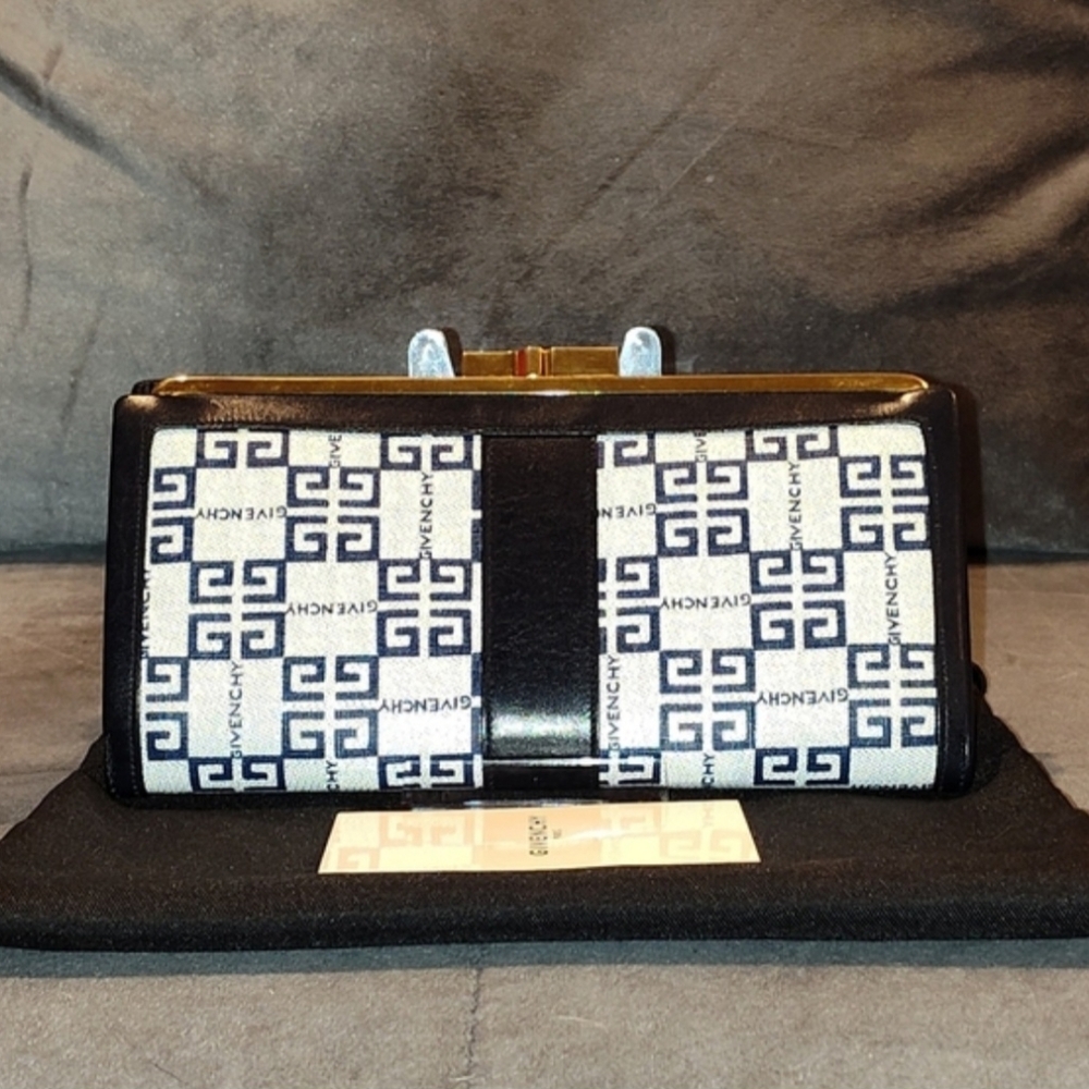 NWOT VINTAGE GIVENCHY NAVY BLUE MONOGRAM BI-FOLD SNAP LONG WALLET WITH DUSTBAG - Picture 5 of 14